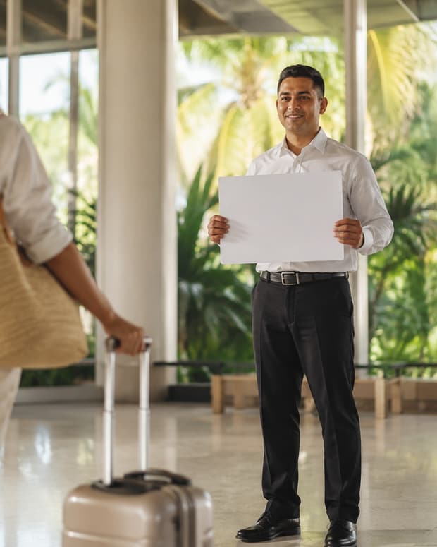 A Shazia driver waiting with a name board in the arrivals hall