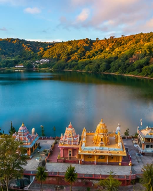 The temples and giant statues around the sacred lake at Grand Bassin