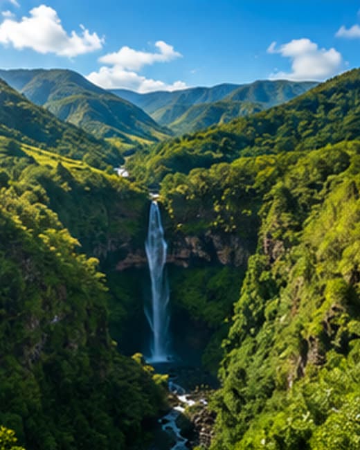 A waterfall dropping into the forest of the Black River Gorges