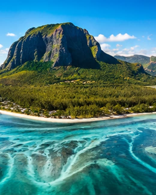 Aerial view of Le Morne and the underwater waterfall illusion