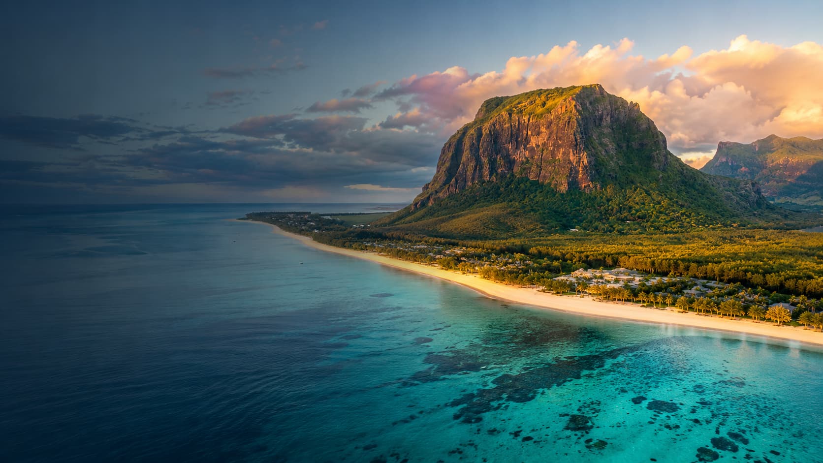 Le Morne Brabant at sunset, seen from the air above the reef and the west coast lagoon