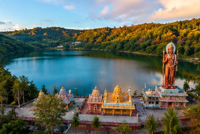 The temples and giant statues around the sacred lake at Grand Bassin