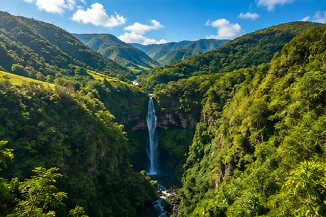 A waterfall dropping into the forest of the Black River Gorges