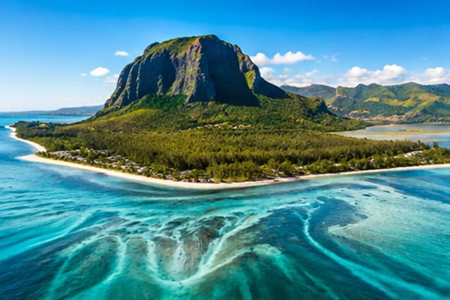 Aerial view of Le Morne and the underwater waterfall illusion
