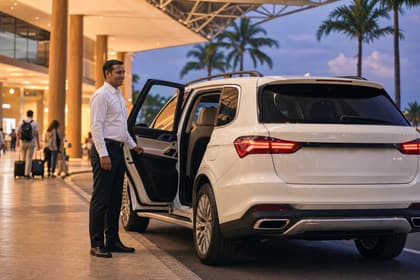 A driver welcoming arriving guests beside the vehicle at the airport