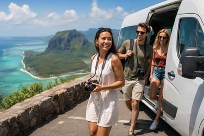 Travellers stopping at a Le Morne viewpoint beside their tour vehicle