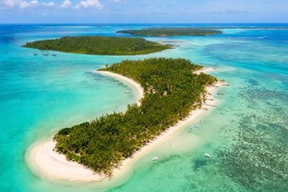 Aerial view of Ile aux Cerfs and its turquoise lagoon